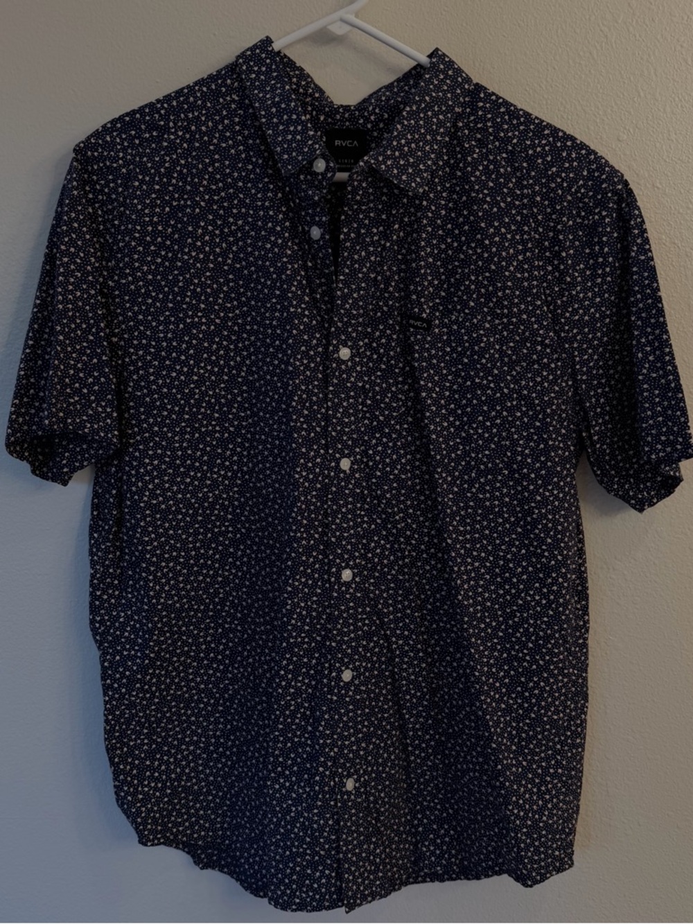 RVCA Navy Short-Sleeve Button-Down Shirt with Small White Floral Print